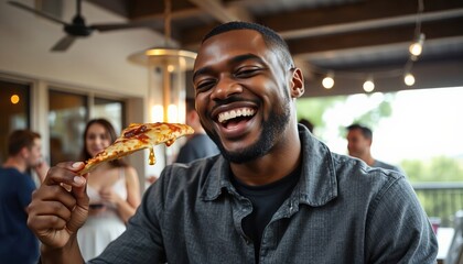 Young black man smiling while enjoying pizza in restaurant setting  