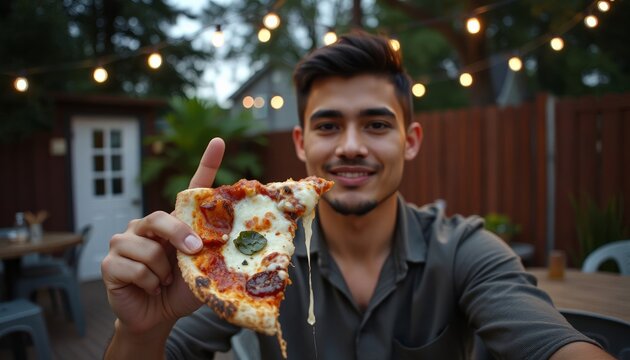 Young man smiling while holding a slice of pizza outdoors  