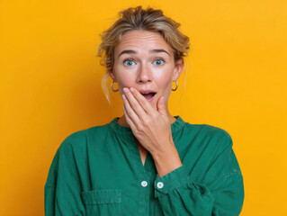 Shocked woman covering mouth with hand on yellow background