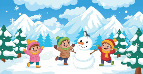 Fototapeta premium Winter Kids Vector Illustration Featuring Boy and Girl Playing with Snowballs. Funny Cartoon Characters Perfect for Christmas Cards, Holiday Designs, and Seasonal Winter Themes