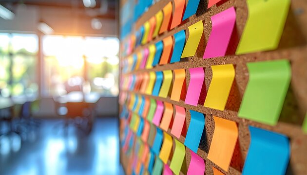 Colorful Sticky Notes on Corkboard in Bright Workspace Environment
