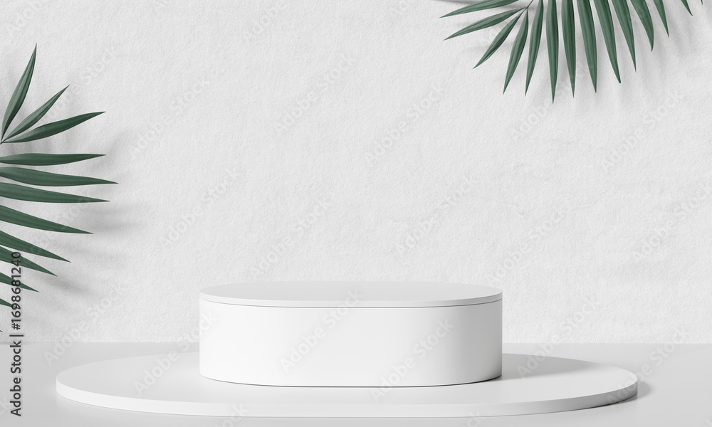 Poster white minimalist podium for product display with palm leaves. 3d rendering
