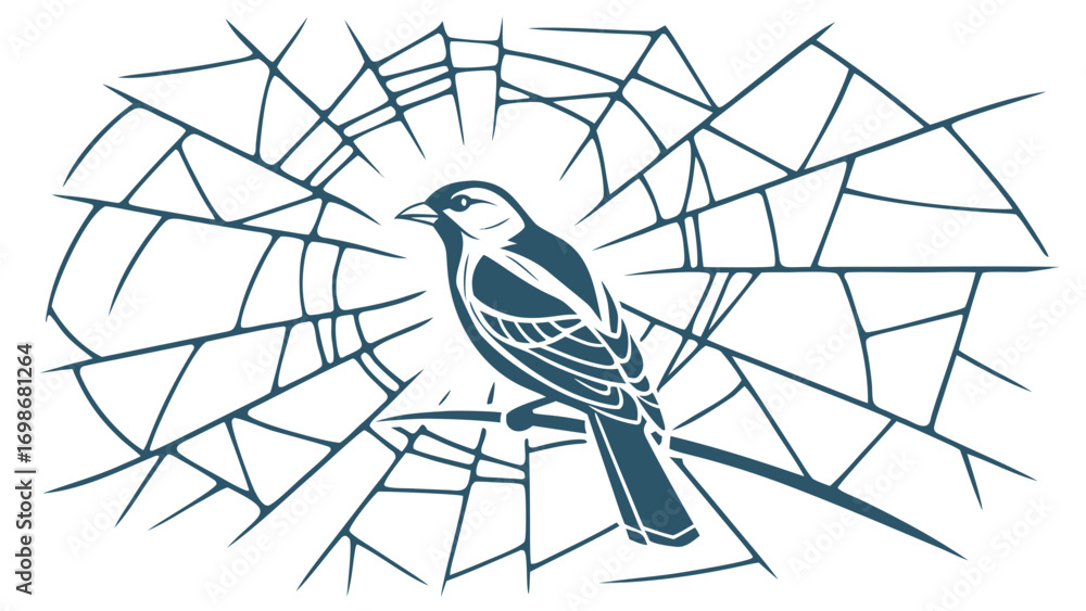 Aufkleber silhouette of a bird perched on a branch against a stylized web like background design element