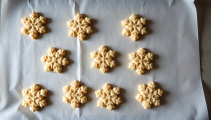 Baked snowflake-shaped cookies arranged on parchment paper  