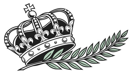 Illustration of an ornate crown with a cross on top resting on a branch with green leaves art