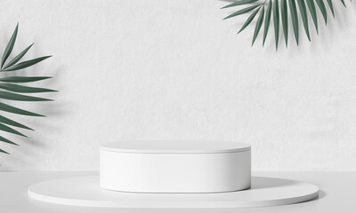 White minimalist podium for product display with palm leaves. 3D Rendering