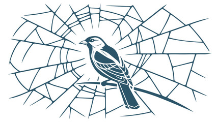 Silhouette of a bird perched on a branch against a stylized web like background design element