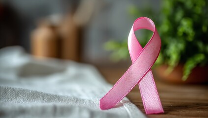 Pink ribbon symbol of cancer awareness placed on white fabric with blurred hospital background, highlighting color and texture in a meaningful medical setting