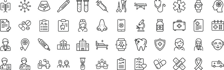 Comprehensive healthcare and medical line icon set for modern digital platforms vector