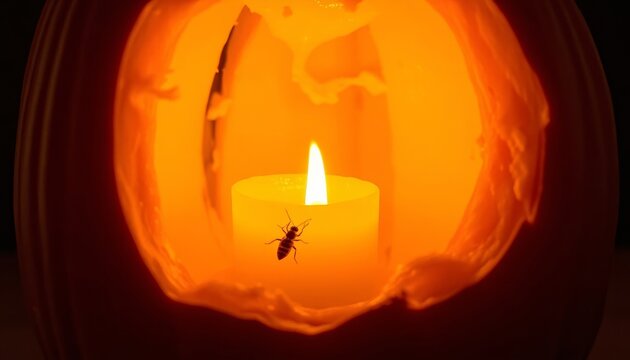 Illuminated pumpkin with candle inside for Halloween decorations  