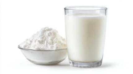 Ultra quality image of powdered milk and milk in a glass isolated on white background.