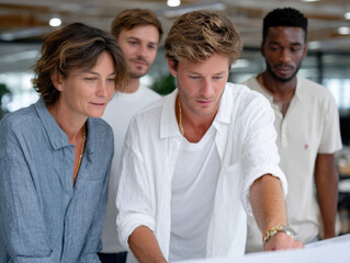 Business team analyzing blueprint in modern office