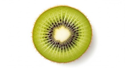 A macro shot of a fresh and juicy kiwi slice showing its vibrant green flesh, black seeds, and fuzzy brown skin, set against a white background .