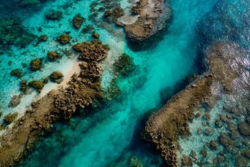 Aerial view of the vibrant turquoise waters, coral reefs and rocky formations of a tropical shore