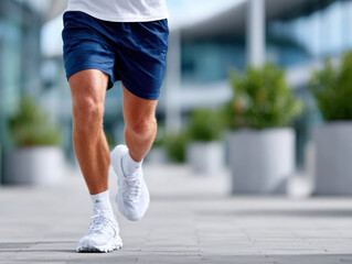 Athlete running in urban environment wearing white sneakers and blue shorts