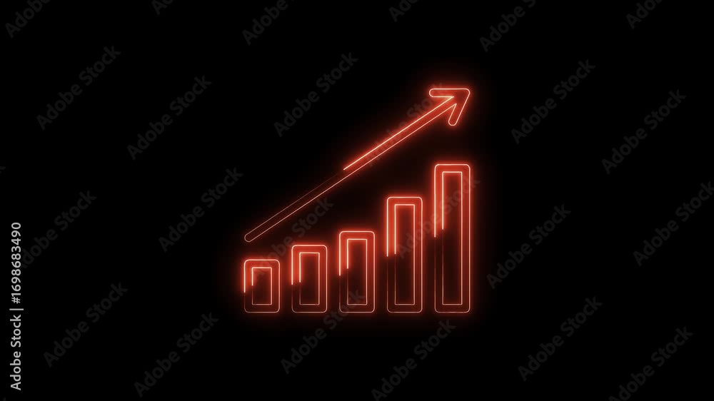 Poster glowing red neon bar graph animation with upward arrow on black background