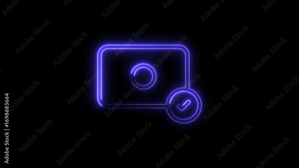 Poster glowing neon credit card with checkmark symbol animation on a dark background