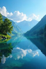 Serene landscape featuring a tranquil lake reflecting a clear sky, suggesting calmness and relaxation Perfect for themes of peace, mindfulness, and escape from daily pressures , vacation, yoga