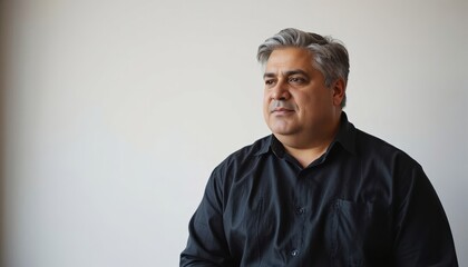 Fototapeta premium Middle-aged man sitting thoughtfully against a plain background 