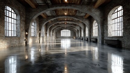 Obraz premium Large, empty warehouse interior with brick walls, arched ceilings, and concrete floor. Ideal backdrop for events, showrooms, or architectural design concepts.
