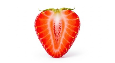 A perfectly halved strawberry showcasing its vibrant red flesh, delicate seeds, and fresh green stem, isolated on a clean white backdrop, ideal for culinary or health-related visuals