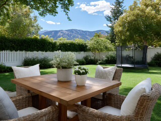 Wooden table and chairs inviting to relax in backyard with trampoline and mountain view