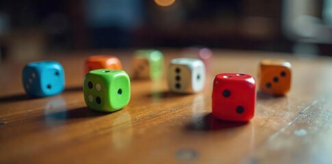 Close-up shot of several colorful dice rolling across a wooden table, capturing the motion blur and randomness of the game , fate, numbers, random
