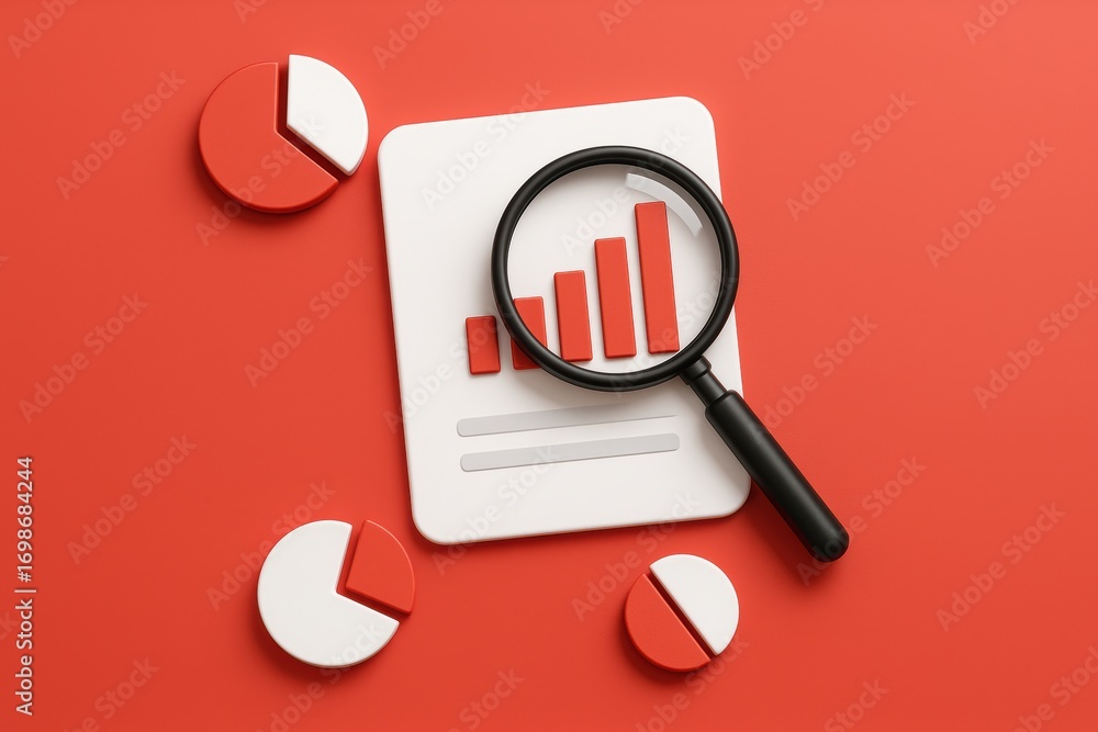 Poster data analysis visualized: a 3d rendered image featuring charts, graphs, and a magnifying glass.
