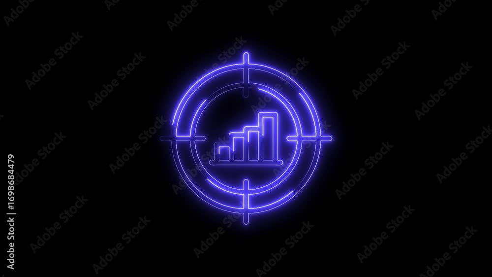 Poster glowing target with growing bar chart line icon on black background animation
