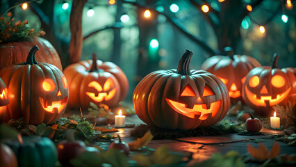 Fototapeta premium Glowing jack o lanterns in dark forest with fairy lights halloween pumpkins