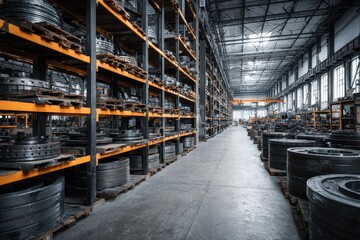 Fototapeta premium Metal parts fill tall shelves in a huge factory warehouse. Show efficiency, storage, manufacturing, or industrial power.