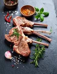 Roasted lamb ribs on a dark stone surface