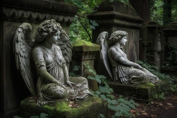 A forgotten garden guarded by stone angels that move when no one watches, eerie beauty