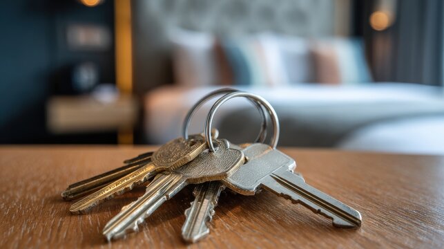 Ultra quality image of realistic shot of keys placed on a table within a new hotel room, highlighting concepts of rent and real estate investment.