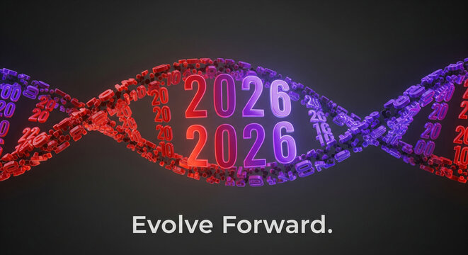 Dynamic 2026 year numbers form a vibrant DNA helix representing future growth, innovation, and technological advancement, inspiring progress and forward thinking.