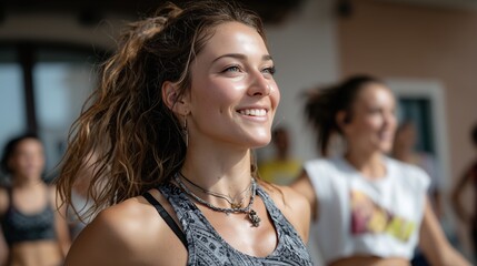 Jeune femme souriante lors d'un cours de fitness en salle de sport
