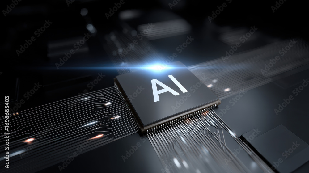 Poster blue light spreading from chip core creates futuristic atmosphere highlighting advanced artificial i