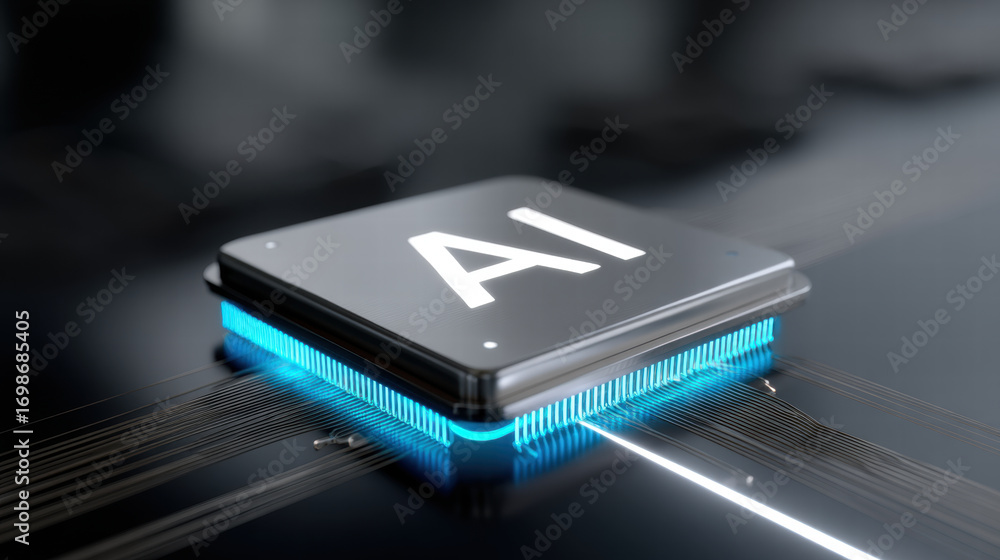 Poster blue light spreading from chip core creates futuristic atmosphere highlighting advanced artificial i