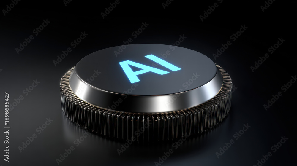 Poster blue light spreading from chip core creates futuristic glow on metallic surface, symbolizing advance