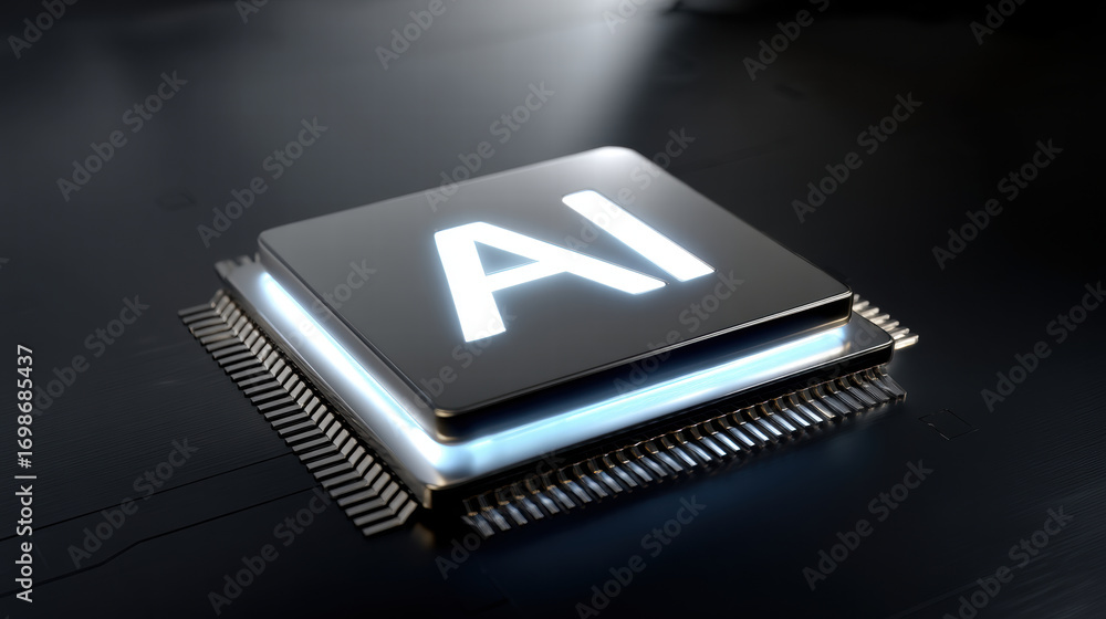 Poster blue light spreading from chip core creates futuristic glow on dark surface symbolizing advanced art