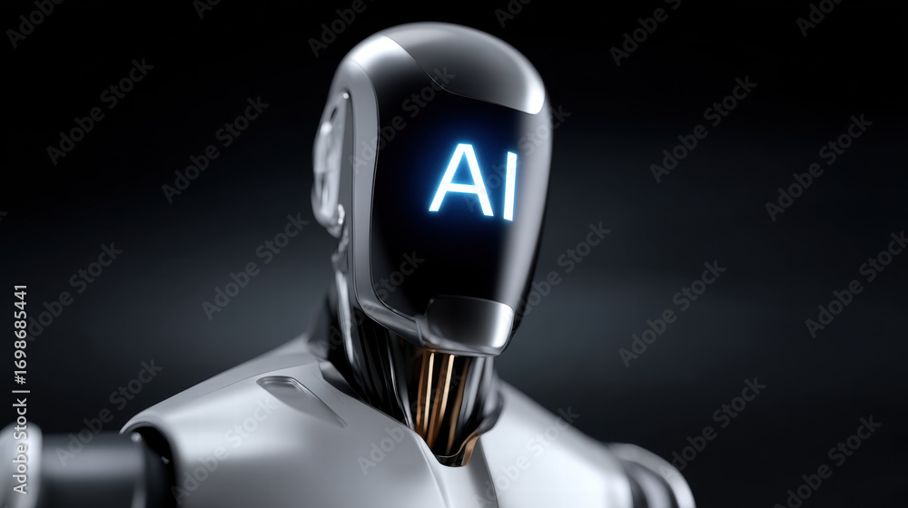 Poster blue light spreading from chip core creates futuristic robot with ai face glowing in darkness, evoki