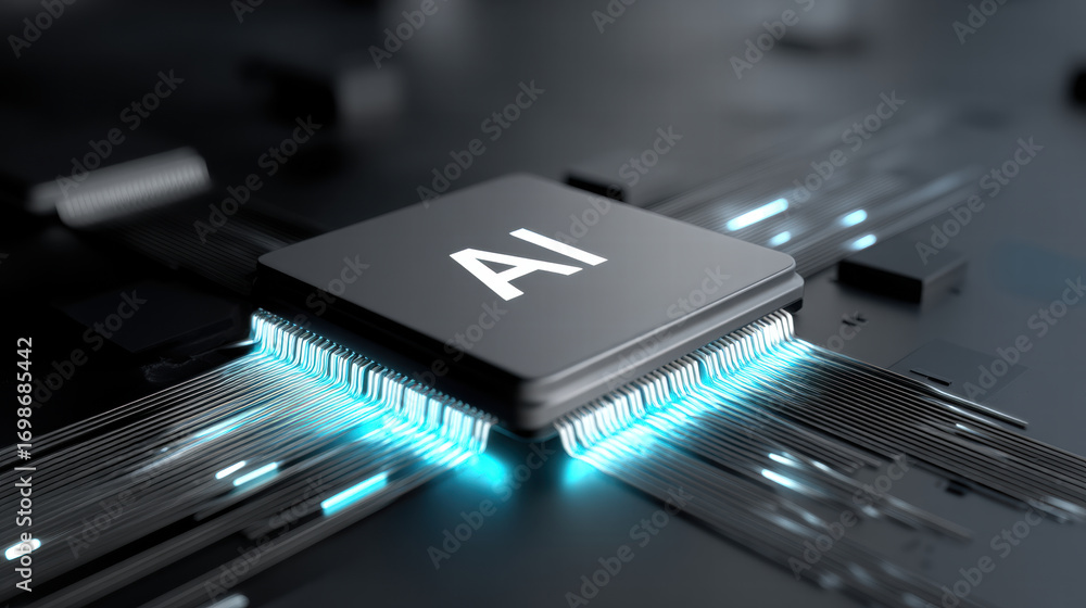 Poster blue light spreading from chip core creates futuristic atmosphere highlighting advanced technology a