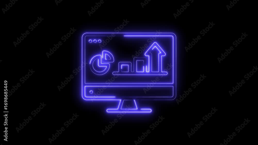 Poster neon monitor displaying business data analytics and growth charts on a black background