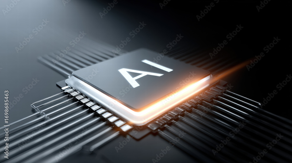 Poster blue light spreading from chip core creates futuristic glow symbolizing advanced artificial intellig