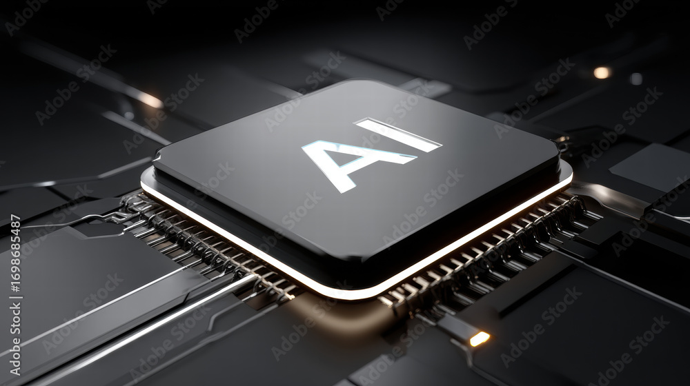 Poster blue light spreading from chip core creates futuristic and innovative atmosphere in this closeup of 