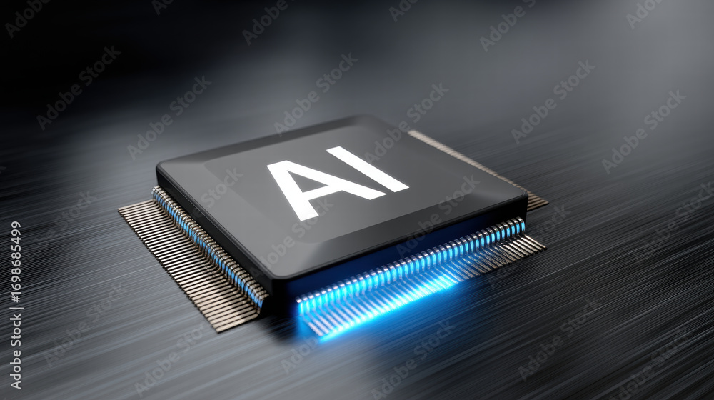 Poster blue light spreading from chip core creates futuristic effect on metallic surface, symbolizing advan