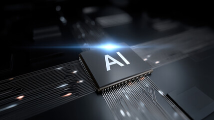 Blue light spreading from chip core creates futuristic atmosphere highlighting advanced artificial intelligence technology and digital innovation