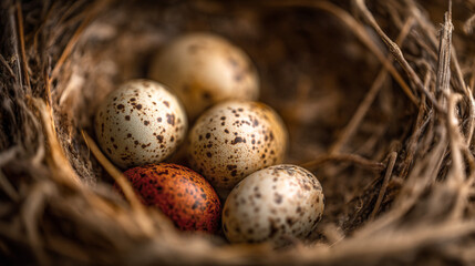 Obraz premium Close up of bird eggs in a nest with brown speckled shells and one red egg in the center of the nest
