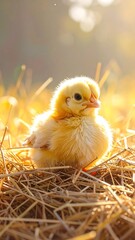 Cute yellow chick in straw nest, bathed in sunlight