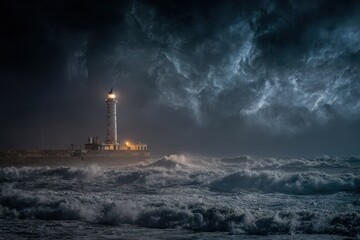 Lighthouse shines, waves crash, dark stormy clouds loom ominously above. Perfect to illustrate safety, guidance, or overcoming adversity.